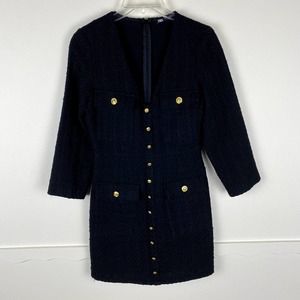 Zara Black Tweed V Neck Gold Button Mini Dress XS